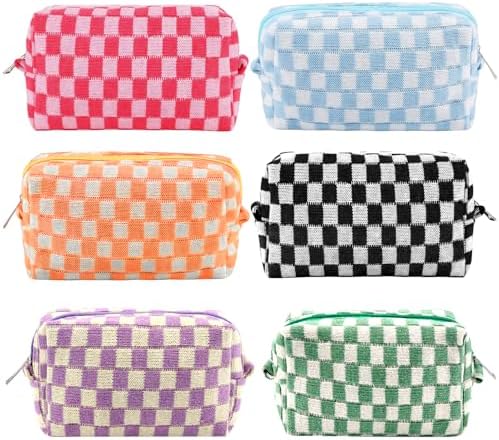 ZLFSRQ 3Pcs Checkered Makeup Bag for Women Large Cosmetic Bag Set Travel Toiletry Bag Makeup Pouch Bag for Purse Pink Zipper Storage Bag Organizer Cute Small Aesthetic Girls Car Essentials Bag