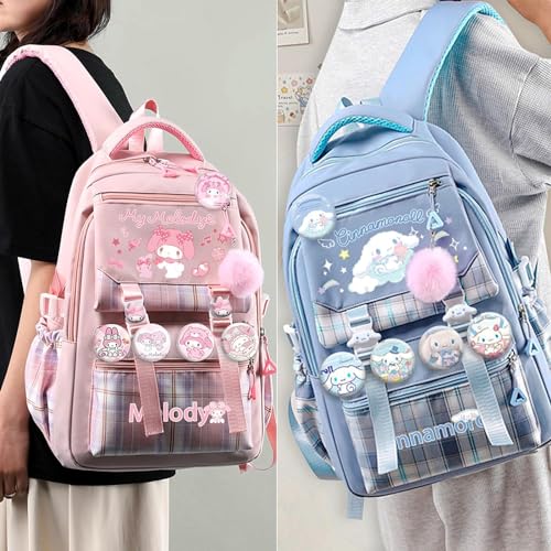 Kawaii Backpack with 1 Pen Pouch, 5 Badges, 2 DIY Pins, 1 Furball - Large Capacity Cute Children's Backpack for School & Travel - Anime Kids Backpack Nylon for Primary Junior School