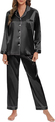Women's Silk Satin Pajamas Set Long Sleeve Sleepwear Soft Pjs Set Two Piece Button Down Loungewear Pj Set - Black