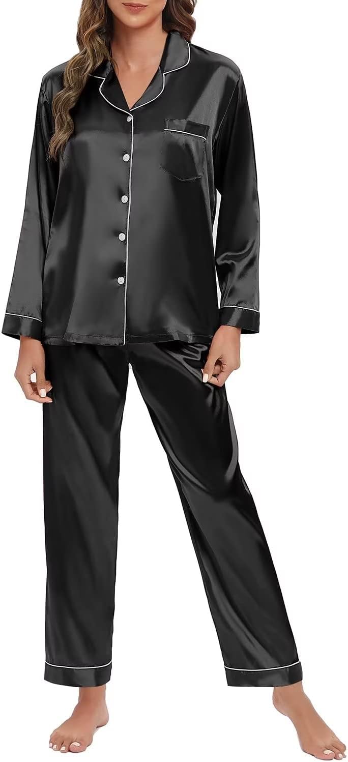 Women's Silk Satin Pajamas Set Long Sleeve Sleepwear Soft Pjs Set Two Piece Button Down Loungewear Pj Set - Black