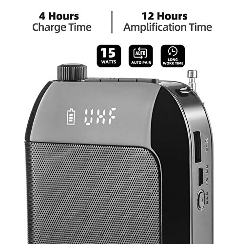 VOEMPHI UHF Wireless Voice Amplifier, 15W Rechargeable PA System (2400mAh) Bluetooth Speaker With Wireless Headset Microphone for Teachers, Tour Guide and more (Black)