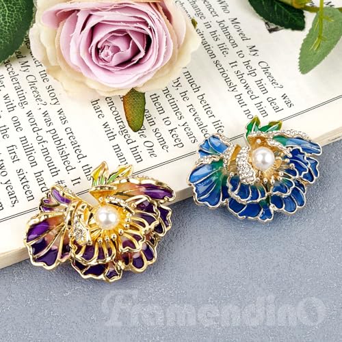 Framendino, 2 Pack Peony Enamel Brooch Pin Metal Flower Badges Lapel Pins Metal Pearl Brooches for Women (Purple and Blue), 2 Pack, Metal, no gemstone
