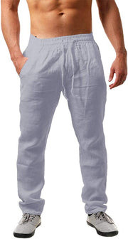 Mens Linen Pants Casual Loose Lightweight Drawstring Elastic Waist Summer Yoga Beach Trousers - 01-grey