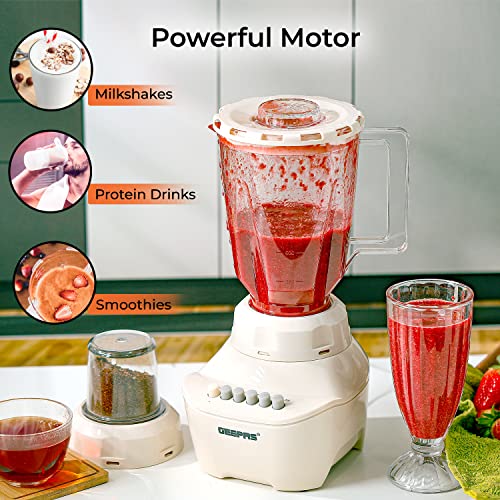 Geepas GSB5409 250W 2 in 1 Multifunctional Blender | Stainless Steel Blades, 4 Speed Control with Pulse | 1.5L Jar, Over Heat Protection| Ice Crusher, Chopper, Coffee Grinder & Smoothie Maker
