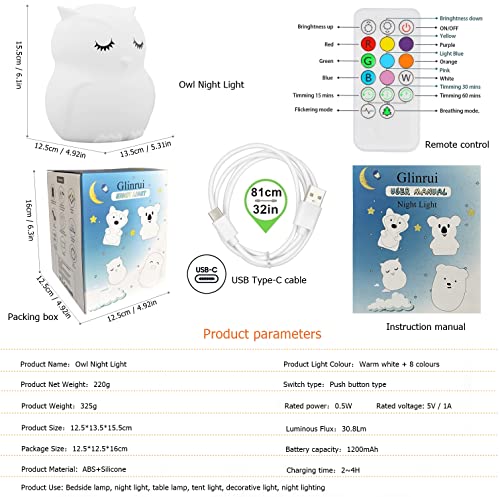 Glinrui Large Owl Night Lights for Kids LED Nursery Lamp Children's Room Moon Bedside Lamp, Changeable Brightness & Color Child Table Night-Light, Lighting for Travel and Camping Child Gift - Large