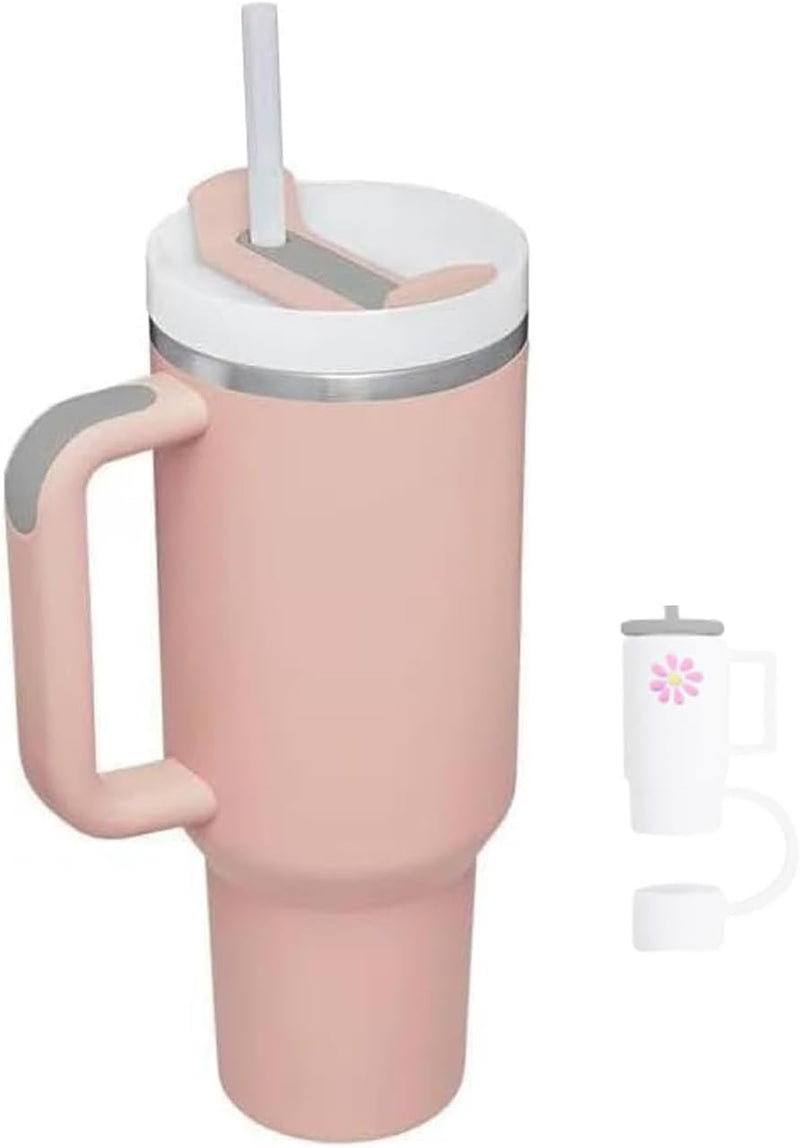 40 oz Insulated Tumbler with Handle and Straw, Insulated Travel Mug with Straw Cover, Stainless Steel Insulated Water Bottle,Dishwasher Safe, BPA Free Portable for Office Kitchen Travel (cream)