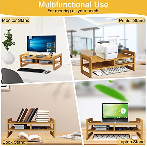 Cestbella Monitor Stand Riser 2 Tier Computer Monitor Stand Bamboo Desktop Stand with Storage Organizer PC Laptop TV Printer Monitor Stand Adjustable Height for Office and Home Use 51x17x15cm