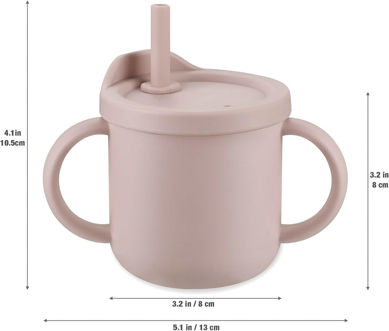 PandaEar 2 Pack Silicone Baby Straw & Snack Cup with 2 Spoons 2 Forks, Dual-Purpose Toddler Training Cups, Pink Green