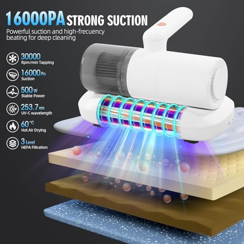 TDOO Mite Remover, Foldable Mattress Vacuum Bed Vacuum Cleaner with 16Kpa Suction HEPA Filter UV-C Light & Pulsation Pad, Deep Cleaner Effectively Clean Up Bed, Mattresses, Pillows, Sofa
