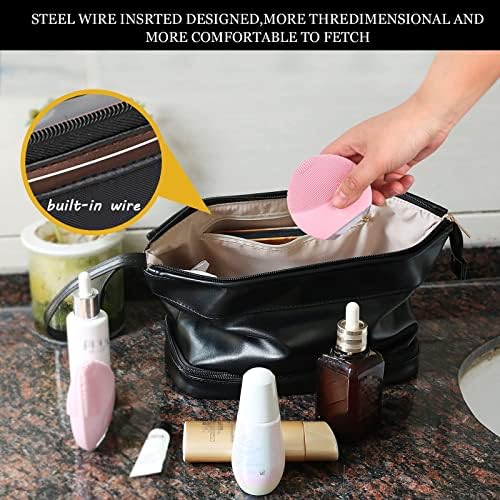 NAWOKEENY® Double Layer Cosmetic Bag - Large Capacity Portable Toiletry Bag for Travel, Makeup Organizer, PU Leather, Waterproof (Black)