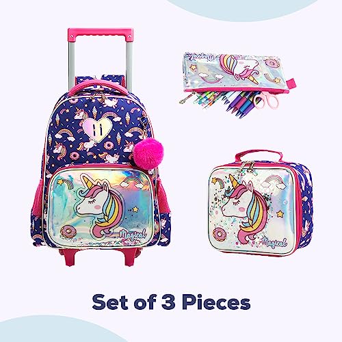 Eazy Kids - 16" Set of 3 Trolley School Bag Lunch Bag & Pencil Case Unicorn Chrome - Blue