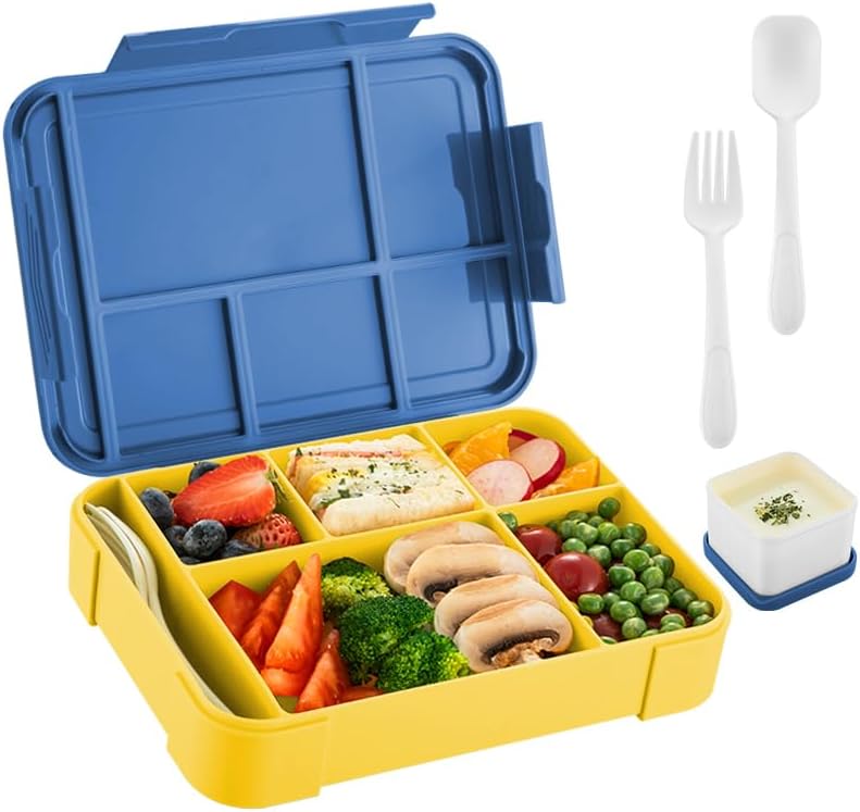 4H Essential Bento Lunch Box 6 Compartments, Leak Proof Food Container, BPA Free Microwave Safe, Meal Prep Box for Adults Kids School Office Travel (Green) - Royal Blue