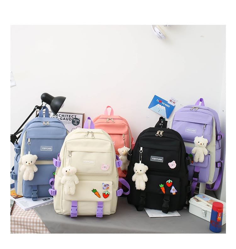 GGEROU Kids Backpack set 5Pcs Aesthetic School Bags,Aesthetic Backpack Cute Kawaii School Bag with Pendant Lunch Bag,Pencil Case,Handbag,Coin Purse