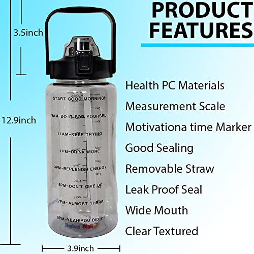 Simbaa Mall™ Motivational Large Water Bottle 2 Liters With Time Markers Reminder,BPA Free Leak-proof Reusable Bottle With Removable Straw & Handle, Clear Bottle for Kids, Gym, Fitness |5 Colors (Pink)