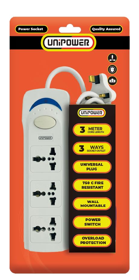 Unipower EX-1242 Power Socket with 3 Way Outlets and Extension Cord, 3 Meter Length, White