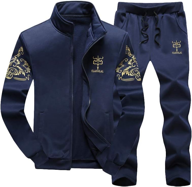 Men's Casual Tracksuit Full Zip Running Jogging Athletic Sports Jacket and Pants Set - Blue