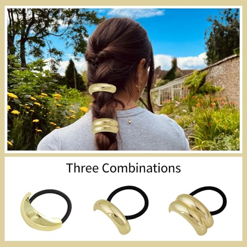 COOLive 3Pcs Metal Hair Ties,Metal Geometric Elastic Hair Ties,Ponytail Hair Cuff,Gold Hair Ties,Gold Hair Cuff Wrap for Thick Hair Gold Ponytail Cuff Elastic Hair Ties for Women Hair Accessories