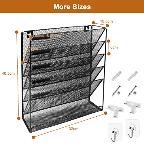 Wall File Organizer 5 Tier Metal Mesh Wall File Holder, Vertical Magazine Rack with Bottom Flat Tray Pockets Nametag Label, Office Hanging Folder Paper Document Storage Mail Sorter Bin for Home School