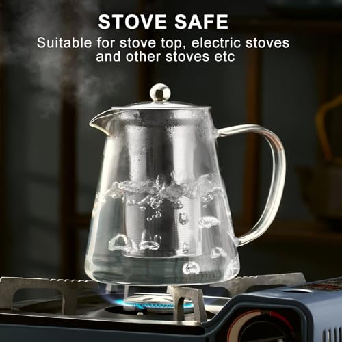 NALACAL Glass Teapot Stovetop 18.6 OZ, Borosilicate Clear Tea Kettle with Removable 18/8 Stainless Steel Infuser, Blooming and Loose Leaf Hand Crafted Kettle for Camping, Travel (550ML)