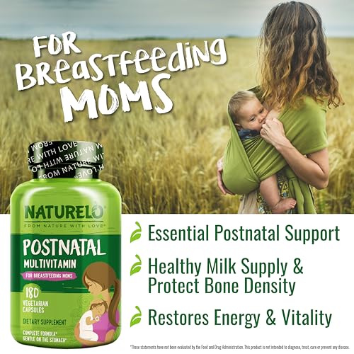 NATURELO Postnatal Multivitamin - Supplement for Breastfeeding Women - Plant-Based Vitamin D, Folate, Gentle Iron - for Nursing Mother, Baby - Post Natal Lactation Support - 180 Vegetarian Capsules