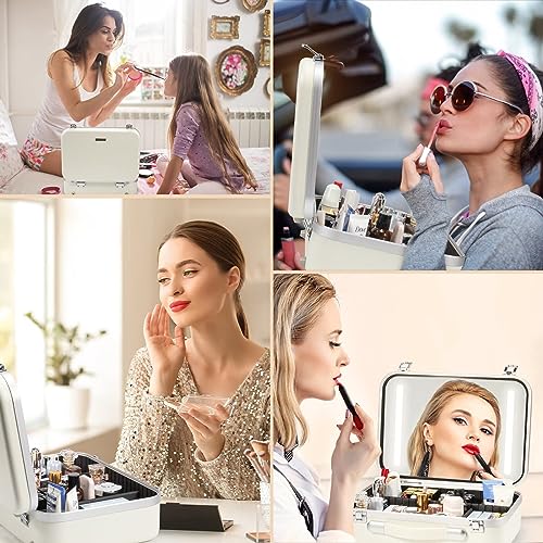 NALACAL Makeup Travel Lighted Case with Large LED Light Mirror Coetic Bag Organizer Professional Adjustable Divider Storage, Waterproof Portable Make up Train Box Accessories And Tools Case (White)