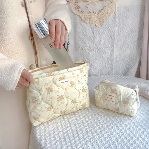 Sminra Floral Makeup Bag Large Cotton Quilted Cosmetic Makeup Bag Organizer, Aesthetic Portable Pouch Purse Toiletry Bag for Women Girls Travel accessories(Blue Floral-L)
