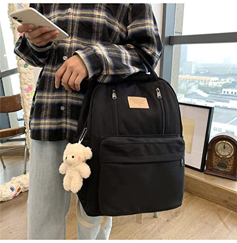 AONUOWE Preppy Backpack with Plushies Cute Backpack for Teen Girls Light Academia Bookbags Solid Aesthetic School Bag