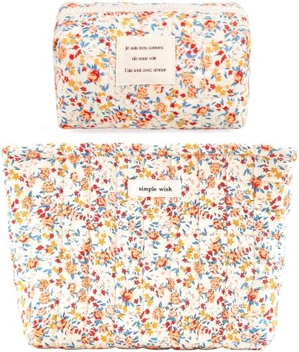 Sminra Floral Makeup Bag Large Cotton Quilted Cosmetic Makeup Bag Organizer, Aesthetic Portable Pouch Purse Toiletry Bag for Women Girls Travel accessories(Blue Floral-L)