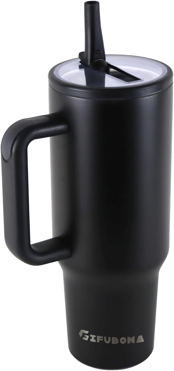 40 oz Tumbler with Handle and Flip Straw Insulated Cup Reusable Stainless Steel Water Bottle Travel Mug Cupholder Friendly, Black