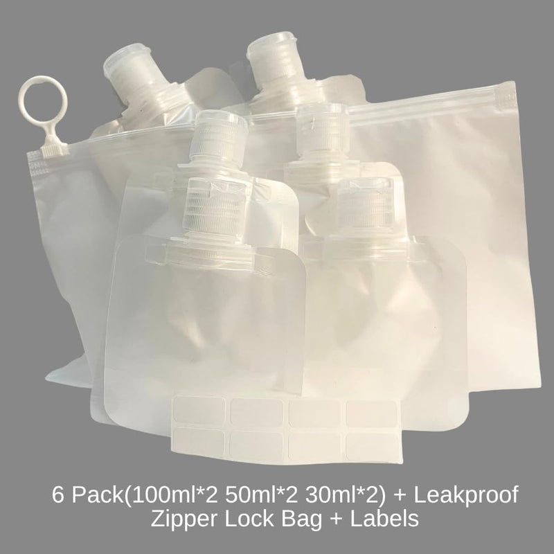 6 Portable Refillable Travel Pouches for Toiletries shampoo Liquid lotion Dispenser- Leakproof Fit in Purse Cosmetics Organizer mini bottles, Travel Organizer Bottles for Liquid Storage with Lables