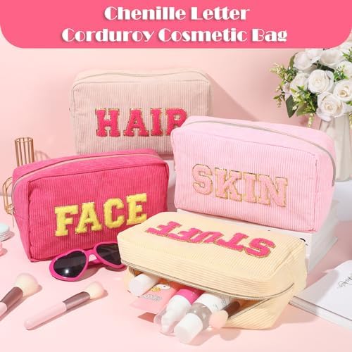 Pinkunn 4 Pcs Preppy Makeup Bags Christmas Chenille Letter Bag Face Skin Hair Stuff Cosmetic Bag Corduroy Makeup Pouch with Zipper Birthday Gifts for Women(Purple, Pink, White, Blue,Corduroy)