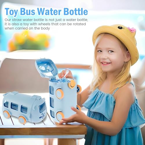 Twisoo Bus Design Water Bottle for Kid with Straw and Sticker Sport Plastic Portable Drinking Bottle for Kids Girls School Camping Trips Supplies with Shoulder Strap (Purple)