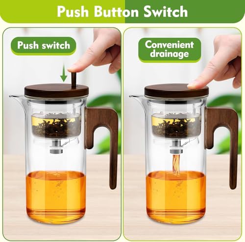 Enchanti Tea Pot, Glass Teapot with Infuser Strainer, Intelligent Water Glass Teapot with Dual Infusers Water Separation Technology,Magical Push Control Glasses Teapot for Loose Leaf&Herbal Teas-600ML