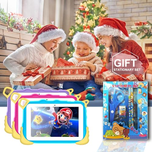 ATOUCH Android Tablet For Kids, Q38 Lite 7-Inch Screen Early Education Smart Kids Tablet Anti-drop Silicone Edge Wi-Fi, Bluetooth, Games with Built-in Stand and Stationary Set (Blue)