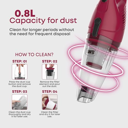 WB West Bayou 2-in-1 Handheld Stick Vacuum Cleaner - Lightweight, Powerful 600W Motor, 17000Pa Suction, 5M Long Cord, 0.8L Large Capacity, Central Filtration System for Home, Car, Kitchen