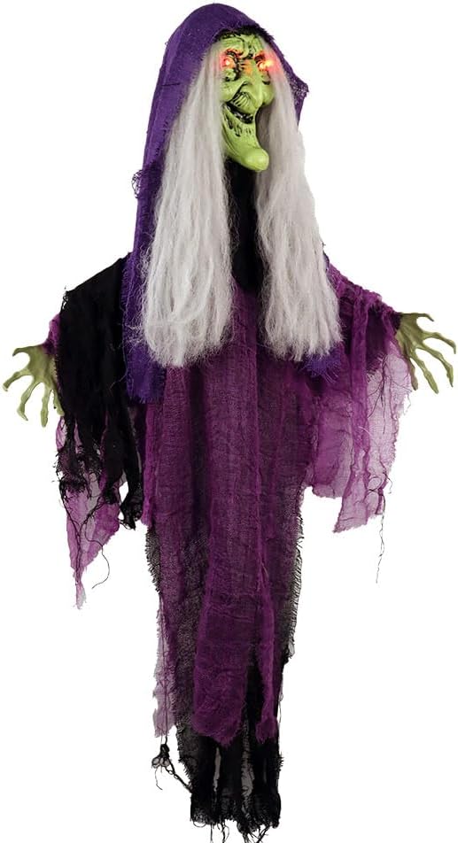 Mad Toys Spooky Hanging Animated Witch with Light-Up Eyes, Sound and Action Activated Halloween Decoration, Theme Party Haunted House Trick or Treat Decor