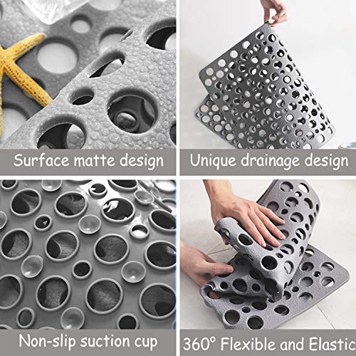 Non Slip Bath Mat Anti Mould Shower Mats TPE Bathroom Bathtub Mat Floor Shower Mats Anti Slip Antibacterial with Suction Cups & Drainage hole Perfect for Everyone Safety Grey 16.9" x 29.5"/43 x 75cm