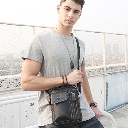 BULLCAPTAIN Men's Small Shoulder Bag, Genuine Leather Bag, Retro lightweight Cross Body Everyday Satchel Bag for Business Casual Sport Hiking Travel, Black, 2T, Traveling