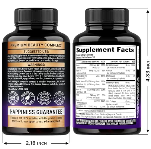 Biotin | Collagen | Keratin | Hyaluronic Acid - Hair Growth Support Supplement | Skin & Nails Beauty Complex 25000 mcg - B1 | B2 | B3 | B6 | B7 - Made in USA - For Women & Men | 60 Capsules
