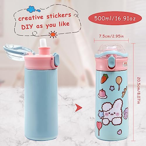 OneAndes 500ml Kids Water Bottle with One-Click-Open Straw Lid 17oz, Vacuum Insulated 304 Stainless Steel Water Bottles for School, Leakproof Toddler Water Bottle, BPA Free Sweat & Leak-Proof