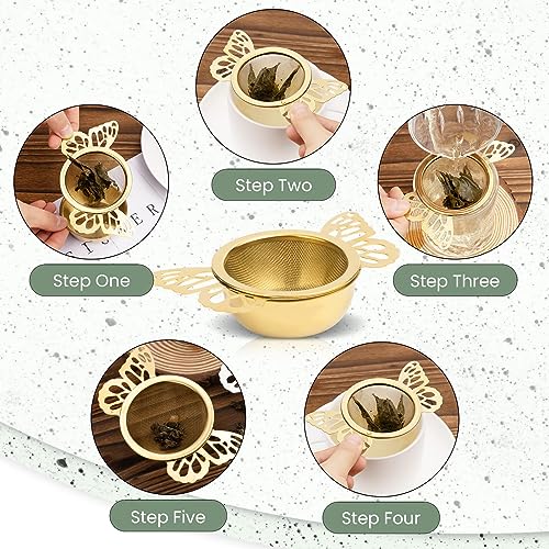 SYOSI 2 Pieces Tea Strainers with Drip Bowl, Fine Mesh Stainless Steel Loose Leaf Tea Filter with Butterfly Handle Reusable Tea Interval Diffuser for Loose Leaf Coffee Herbal Spice Juice Filter (Gold)