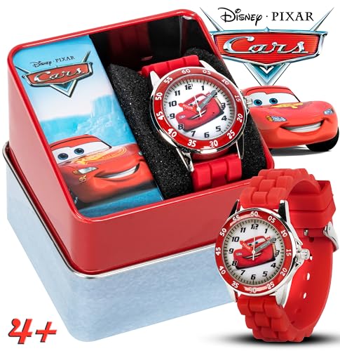 ACCUTIME Cars Kids' Analogue Watch with Silver-Tone Casing, Red Bezel, Red Strap - Official Cars Lightning McQueen Character on the Dial, Time-Teacher Watch, Safe for Children - Model: CZ1009