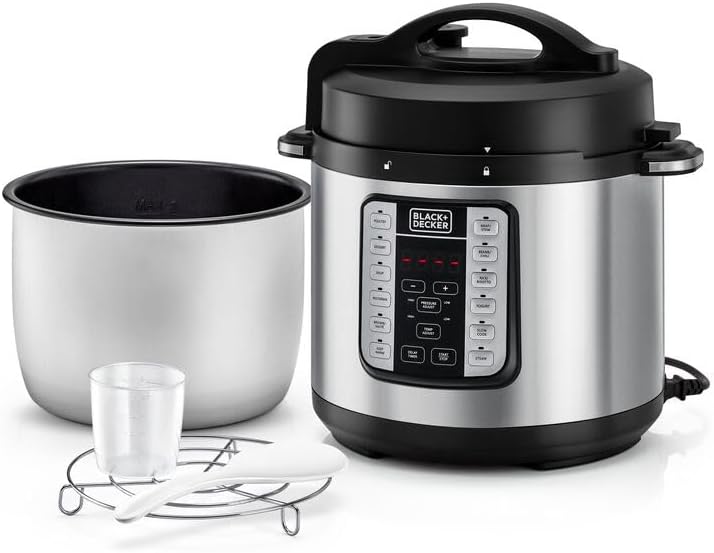 Black & Decker 1000W 6L Electric Pressure Cooker 7in1, With 12 Smart Programs 9 Safety Features Dishwasher Safe with Accessories, For Quick and Easy Meals PCP1000-B5 2 Years Warranty