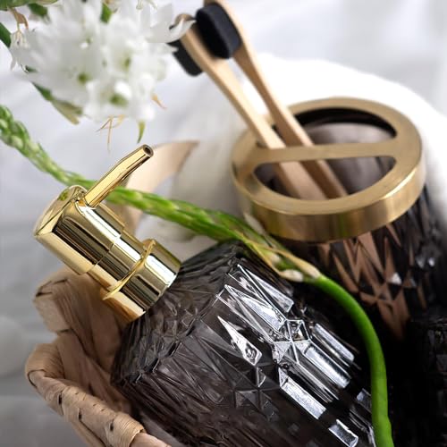 BEROZA 5PCS Bathroom Accessories Set, Stylish Decoration, Contains Lotion Dispenser, Soap Dish, Toothbrush Holder, Glass Cup, Cotton Swab Jar, Bathroom Decoration Gift (Black)