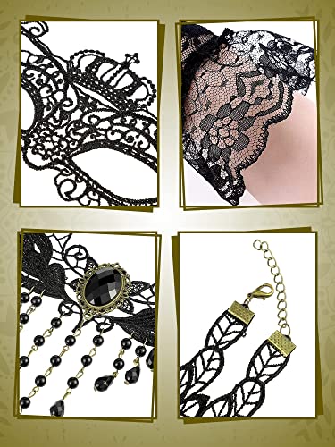 Excefore Masquerade Costume Set - Venetian Mask, Black Choker Lace Necklace, and Pattern Gloves for Women