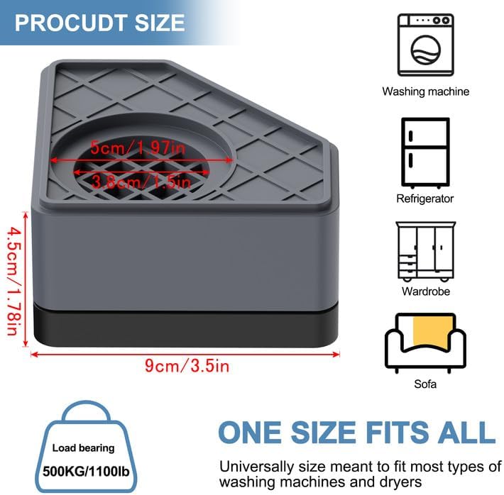 SEISSO Anti Vibration Pads, Washing Machine Foot Pad Stabilizer, Double Heighten Non Slip Shock and Noise Cancelling Support Mat, Stops Washer Dryer Moving Shaking Walking Skidding Protects Floor