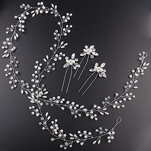 Denifery Bridal Rose Gold and Gold Silver Extra Long Pearl and Crystal Beads Bridal Hair Vine Wedding Head Piece Headband Hair Jewelry Hair Accessories (Silver)