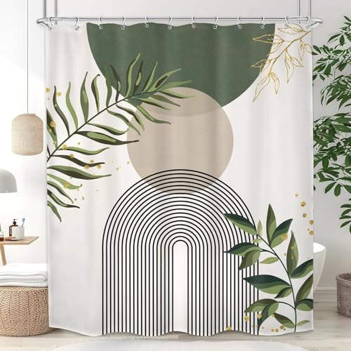 Boho Sage Green Shower Curtain 180 * 180CM, Abstract Bohemian Mid Century Modern Bathroom Curtain, Curtain for Home Bathroom Hotel Decor with Hooks