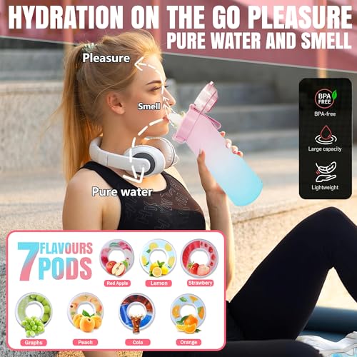 Hevenare Air Up water Bottle with 7 Flavored Pods (Pod Holder Included) Air Up Water Bottle Multi Colors,Fruit Scented Flavored Bottle for Kids,Sports & Travel 650ml, Leak Proof (Gradient Pink & Blue)