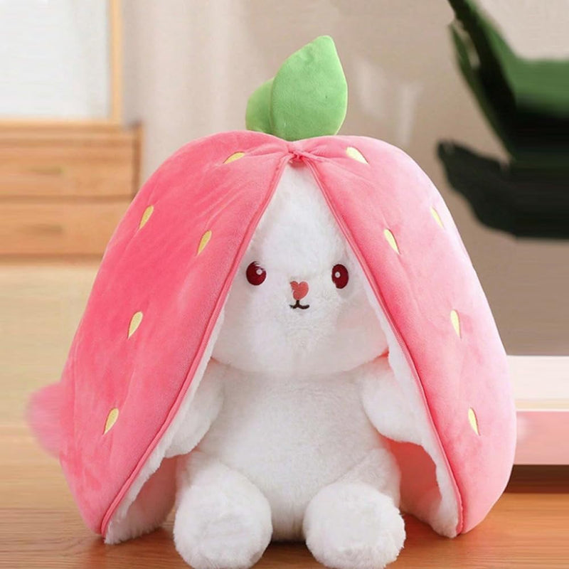 AMERTEER Strawberry Bunny Plush Toy Cute Transformed Bunny Doll Fruit Rabbit Pillow, Small Soft Plush Pillow for Kids Girls, Transformable Fruit Rabbit Toy (18cm)